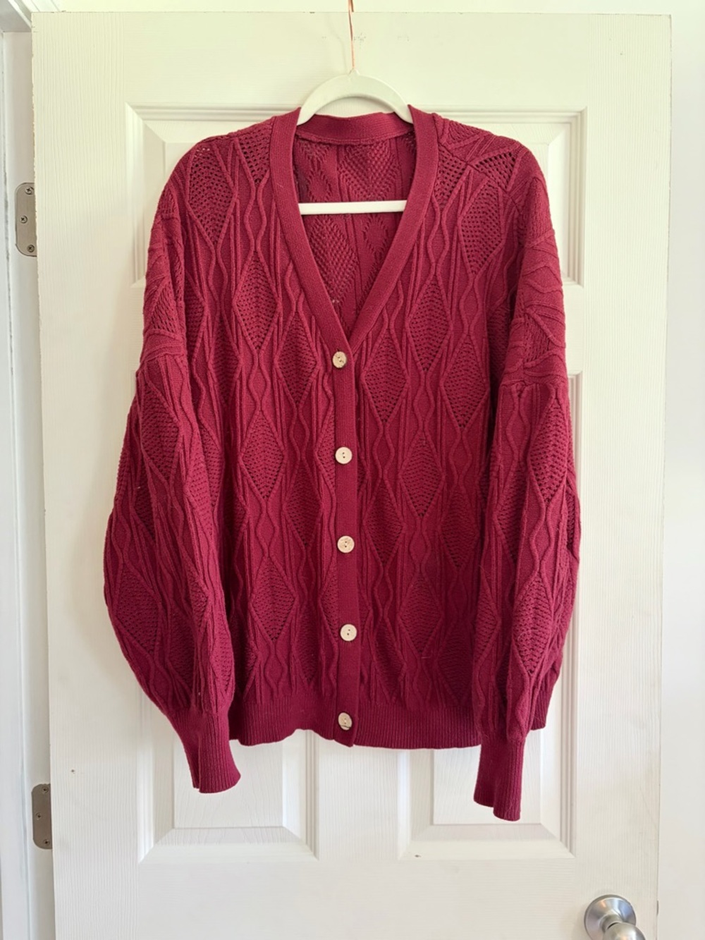 Women's Chunky Oversized Textured Cable Knit Button Down Cardigan - Burgundy 3XL
